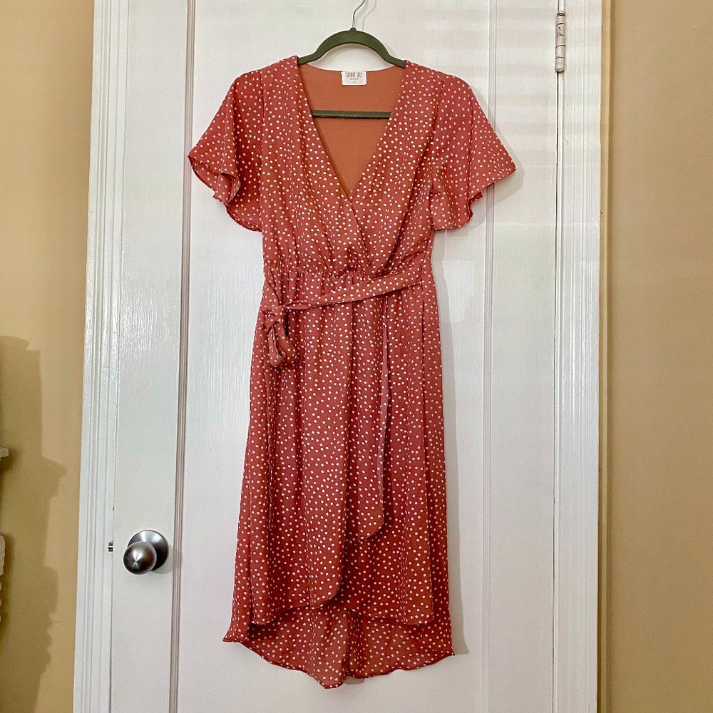 Sienna Sky Pink Polka Dot Faux Wrap Dress